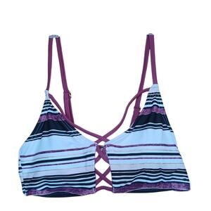 Ibiza Bikini Top Striped Burgundy White and Gold Details Built in Bra Size Small